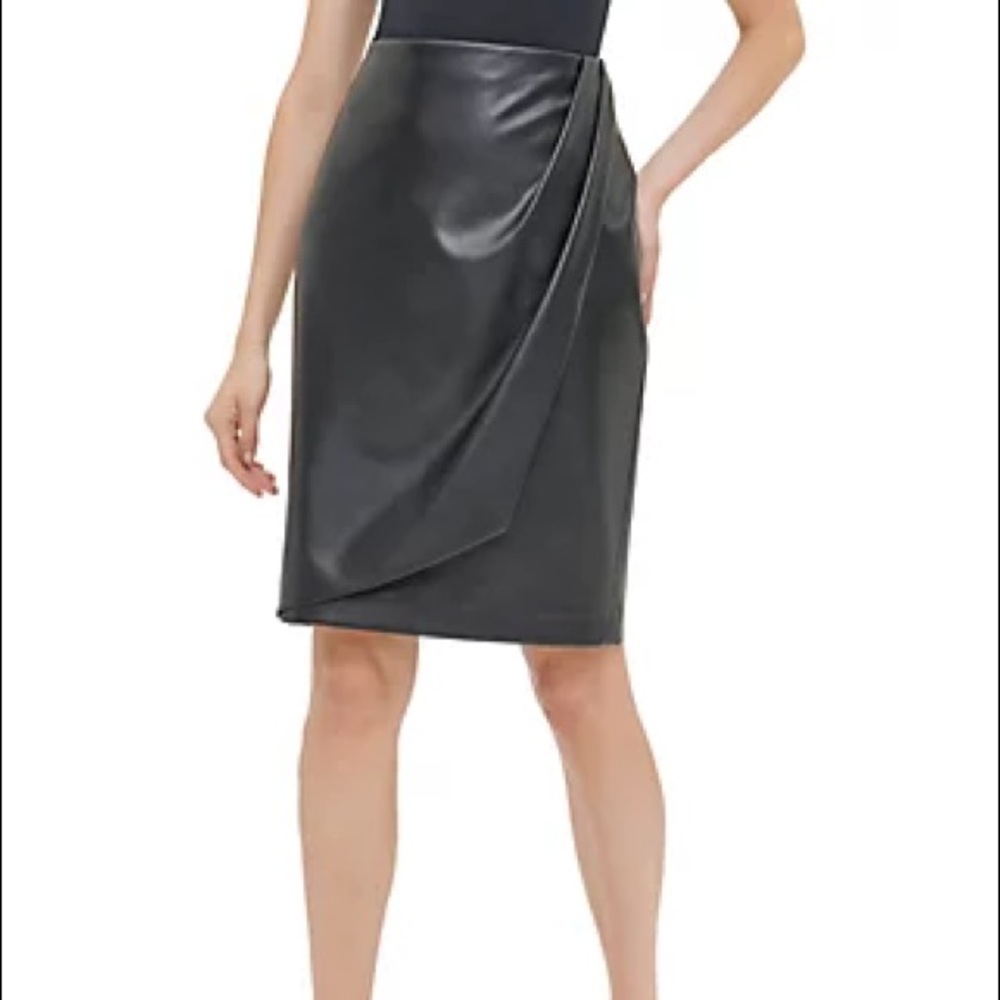 NWT Calvin Klein Black Faux Leather Faux Wrap Knee Length Pencil Skirt sz 14